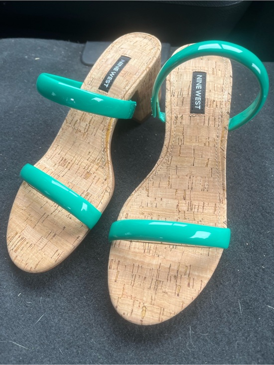 Nine West Shoes - Nine West Dark Green 300 Patent Cork Block Heel Sandals